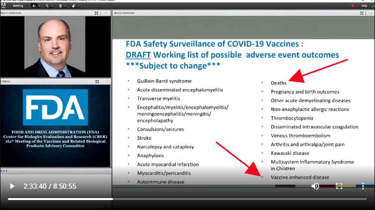 World Health Organization slide showing side efects, including death and vaccine induced disease
